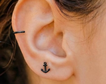 Tiny Black Anchor Stud Earrings: 18k Gold Minimalist Waterproof Nautical Jewelry Gift