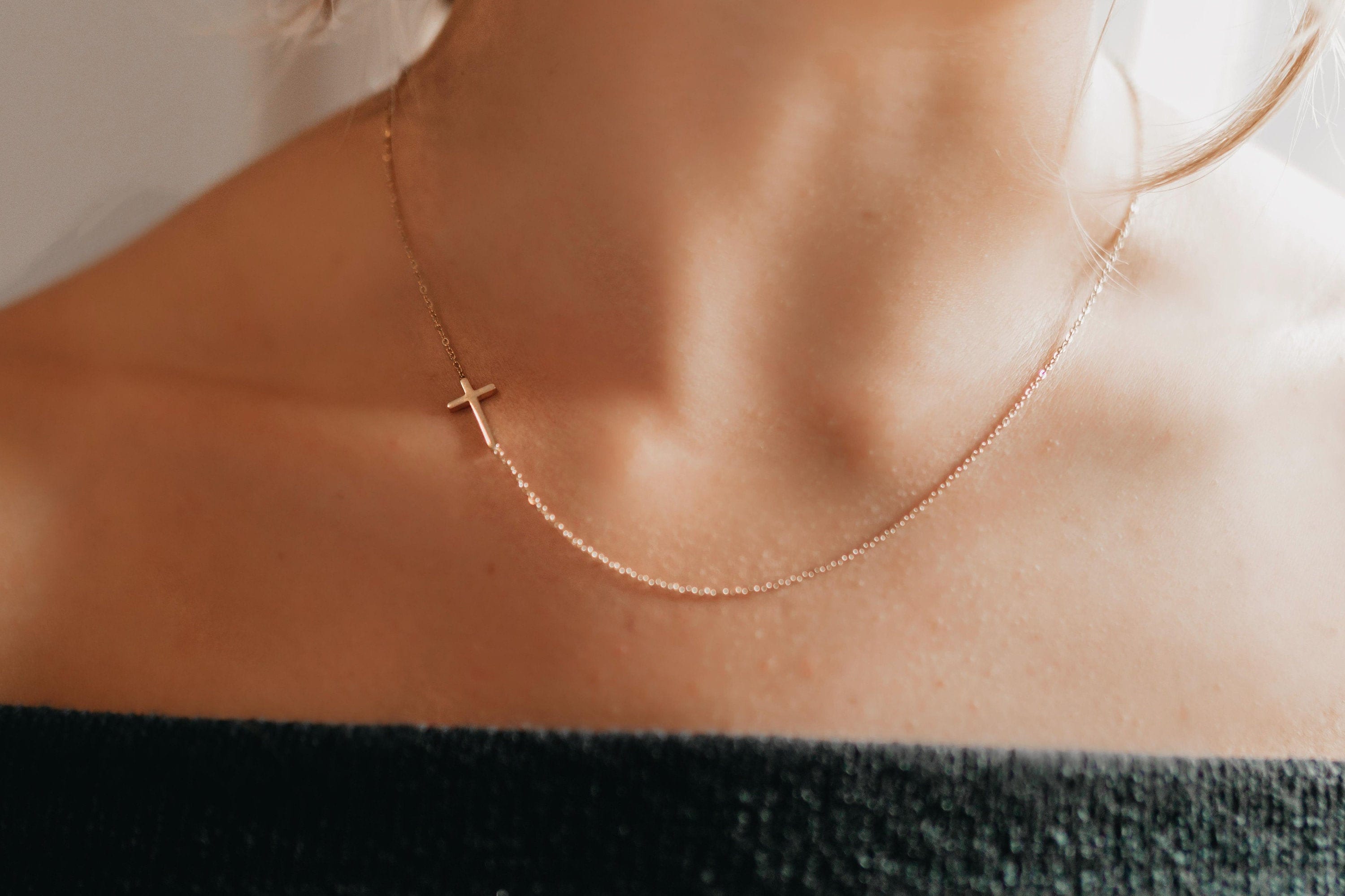 Sideways Cross Necklace, Dainty Gold Cross Necklace, Side Cross Neckl…