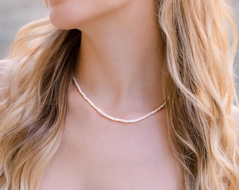 Tiny Freshwater Pearl Necklace, Real Seed Pearl Choker, Gold Filled Dainty Minimalist Layering Gift