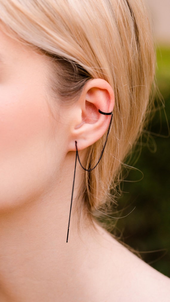 [BLACKMUSE] 925silver☆Long chain drop ear cuff Black Ear Cuff With Chain Earrings • Long Chain Threader