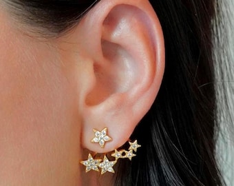 Pave Diamond CZ Star Ear Jacket Earrings, 18k Gold Celestial Jewelry