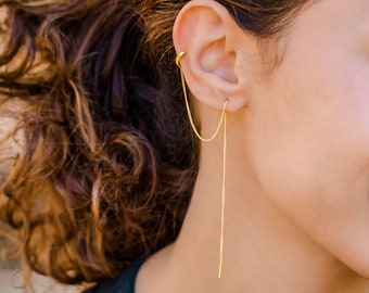 Ear Cuff Chain Earrings •  Long Chain Threader Earring • Chain Dangle • Helix Hoop • Threader with Ear Cuff • Ear cuff with Chain