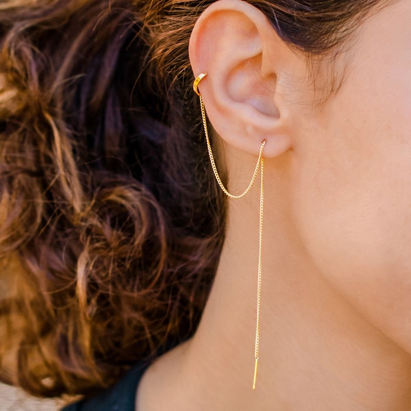 Ear Cuff Chain Earrings •  Long Chain Threader Earring • Chain Dangle • Helix Hoop • Threader with Ear Cuff • Ear cuff with Chain