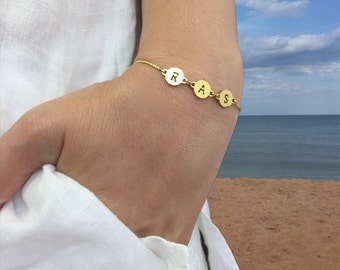 Three Initial Disk Adjustable Gold Slider Bracelet, CZ Initial Dainty letter Disk, Tiny Initial Bracelet, Personalized Tiny Disc Bracelet