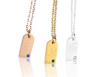 Personalized Mini Initial Tag Necklace • Birthstone Dog Tag Necklace • Custom Engraved Name Tiny Tag • Meaningful Message, Monogram Initials