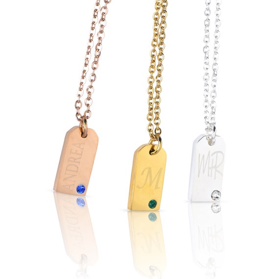 14k Gold Blue Sapphire September Birthstone Cursive Letter E Dog-tag Necklace