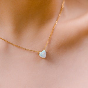 Opal Heart Necklace • Love Necklace • Anniversary Gift • Tiny Gold White Opal • Dainty Minimalist Layering Necklace, Bridesmaids Gift