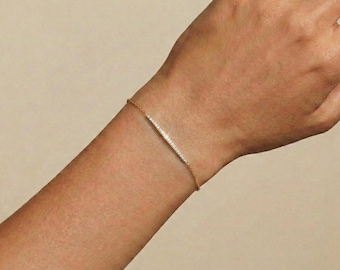 Pavé Diamond Bar Bracelet, Dainty Gold CZ Stacking Bracelet, Layering Minimalist Jewelry Gift for Her