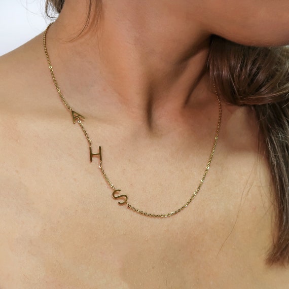 Sideways Initial Four Letter Gold Necklace Asymmetrical Delicate