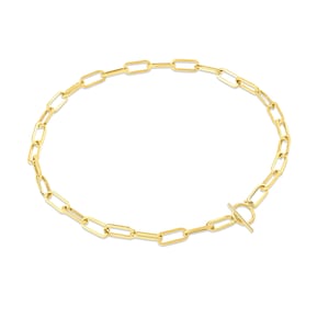 May include: A gold chain necklace with a toggle clasp. The chain is made of interlocking oval links.