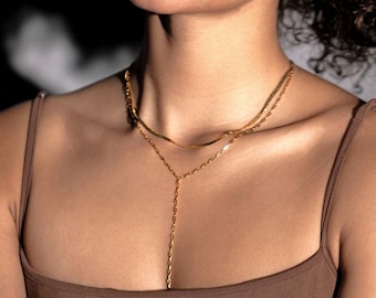 Gold Layered Necklace Set, Snake Chain & Paperclip Long Y Lariat Double Strand Drop Statement Necklace