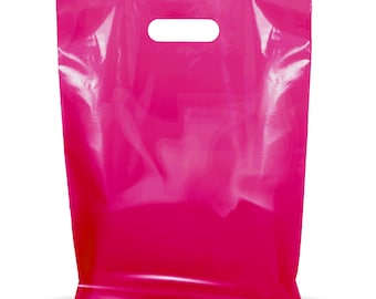 100 Pack 9" x 12" with 1.25 mil Thickness Pink Merchandise Plastic Glossy Retail Bags | Die Cut Handles | Color Pink | 100% Recyclable