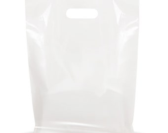 White Merchandise Plastic Shopping Bags - 100 Pack 12" x 15"with 1.25 mil Thick | Die Cut Handles | Color White | 100% Recyclable