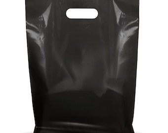 100 Pack 12" x 15" with 1.25 mil Thick Black Merchandise Plastic Glossy Retail Bags | Die Cut Handles  | Color Black | 100% Recyclable