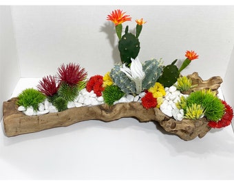 Faux succulent arrangement, faux cactus arrangement, driftwood arrangement