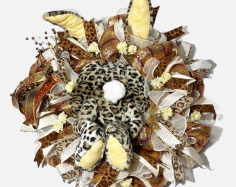 Couronne de fesses de lapin imprimé léopard, couronne de Pâques, couronne de printemps, couronne de lapin, couronne de ferme, couronne de tous les jours, décoration de porte de fesses de lapin