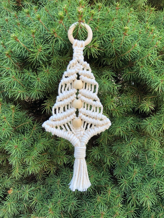 Macrame Christmas Ornament Christmas Tree Cotton Cord Wood Beads Wall Hanging Wall Decor Nursery Decor Key Chain Christmas Gift