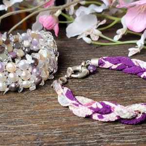 Sterling Silver Floral Kimono Bracelet made with Japanese Chirimen Fabric cord & Multi-Color Freshwater Pearl Elastic Bracelet Set