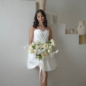 Short wedding Dress with Bow Mini Strapless Satin Wedding Reception Dress Short Puff Skirt Gown Lace-Up Back Custom Handmade short dress