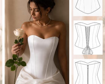 Cartamodello PDF per corsetto – 4 modelli di corsetto in 1 / Corsetto lungo a baschina e corsetto corto a vita alta / Allacciatura a cuore + cerniera posteriore (PDF e download ZIP)