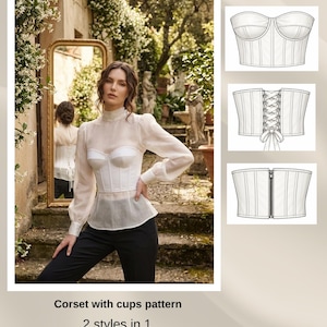 May include: A sewing pattern for a corset with cups, featuring two styles in one with lacing and zipper back options. The pattern includes eight sizes from XS to XXL and comes with sewing instructions. The design is shown as a white corset.
