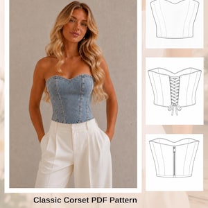 May include: A light blue denim corset top with a sweetheart neckline and vertical seam detailing. The image includes technical line drawings showing a lace-up back and a zipper back closure, alongside text stating Classic Corset PDF Pattern.