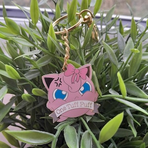 Jigglypuff Keyring Bag Charm // Hard Enamel // One Tuff Puff // 40mm wide // Gold plated metal
