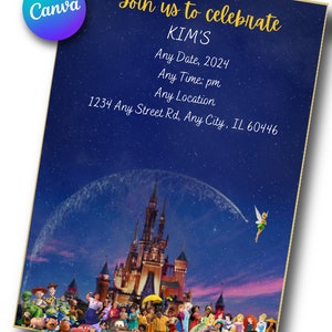 Op de afbeelding: Een blauwe en gouden uitnodiging met een afbeelding van Assepoester's kasteel en Disney-figuren. De uitnodiging luidt "Join us to celebrate KIM'S Any Date, 2024 Any Time: pm Any Location 1234 Any Street Rd, Any City, IL 60446"