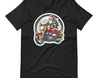 May include: A black t-shirt with a graphic of Santa Claus riding a motorcycle decorated with Christmas lights and ornaments.