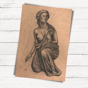 May include: A pencil drawing of a woman in a flowing robe, sitting with her legs crossed. The drawing is on brown paper and has a rough, textured look.