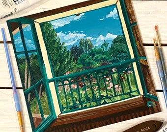 Window View of Giverny, Claude Monet Gardens, Balcony Acrylic Painting, Green Window Pane