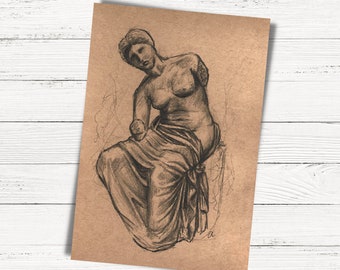 Seated Greek Muse Sketch 5.5x8.5" Fine Art Print | Academia Moody Transitional Art | Greek Goddess Sculpture Inspired Sketch