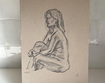 Figuurtekening portret, schets vrouw zijprofiel, studie zittende vrouw leven tekenen