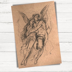 Cupid and Psyche Sketch 5.5x8.5&quot; Fine Art Print | Cottagecore Moody Transitional Art | French Academia Inspired Sketch