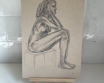 Figuurtekening portret, schets vrouw zijprofiel, studie zittende vrouw leven tekenen