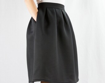 Black Midi Skirt with Pockets, High-waisted, Flared Skirt