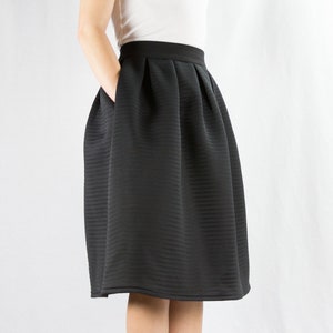 Black Midi Skirt with Pockets, High-waisted, Flared Skirt image 1