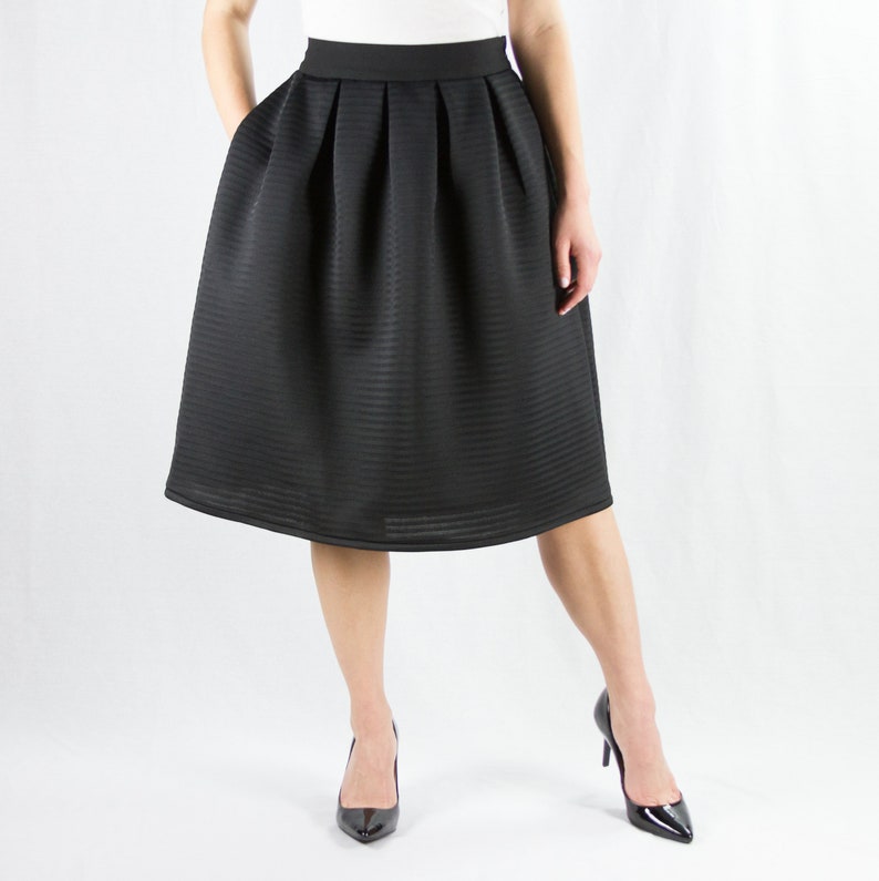 Black Midi Skirt with Pockets High-waisted Flared Skirt image 2