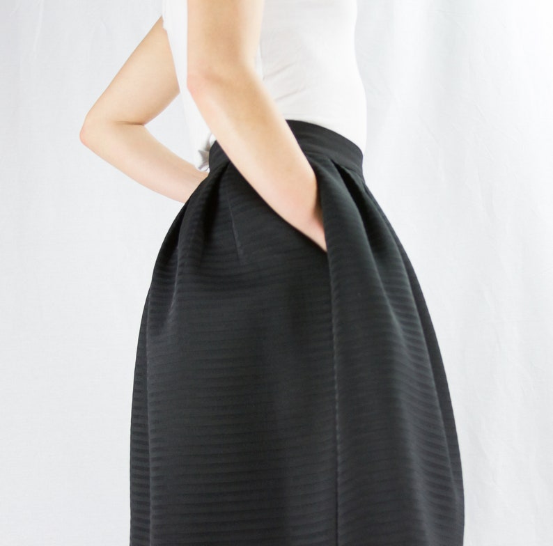 Black Midi Skirt with Pockets, High-waisted, Flared Skirt image 5