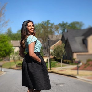 Black Midi Skirt with Pockets, High-waisted, Flared Skirt image 9