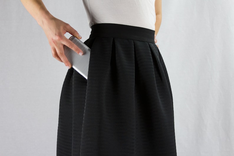 Black Midi Skirt with Pockets, High-waisted, Flared Skirt image 6