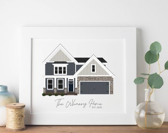 May include: A white framed print of a house illustration. The house is gray with white trim and a stone facade. The text below the house reads "The Whappy Home Est. 2020".