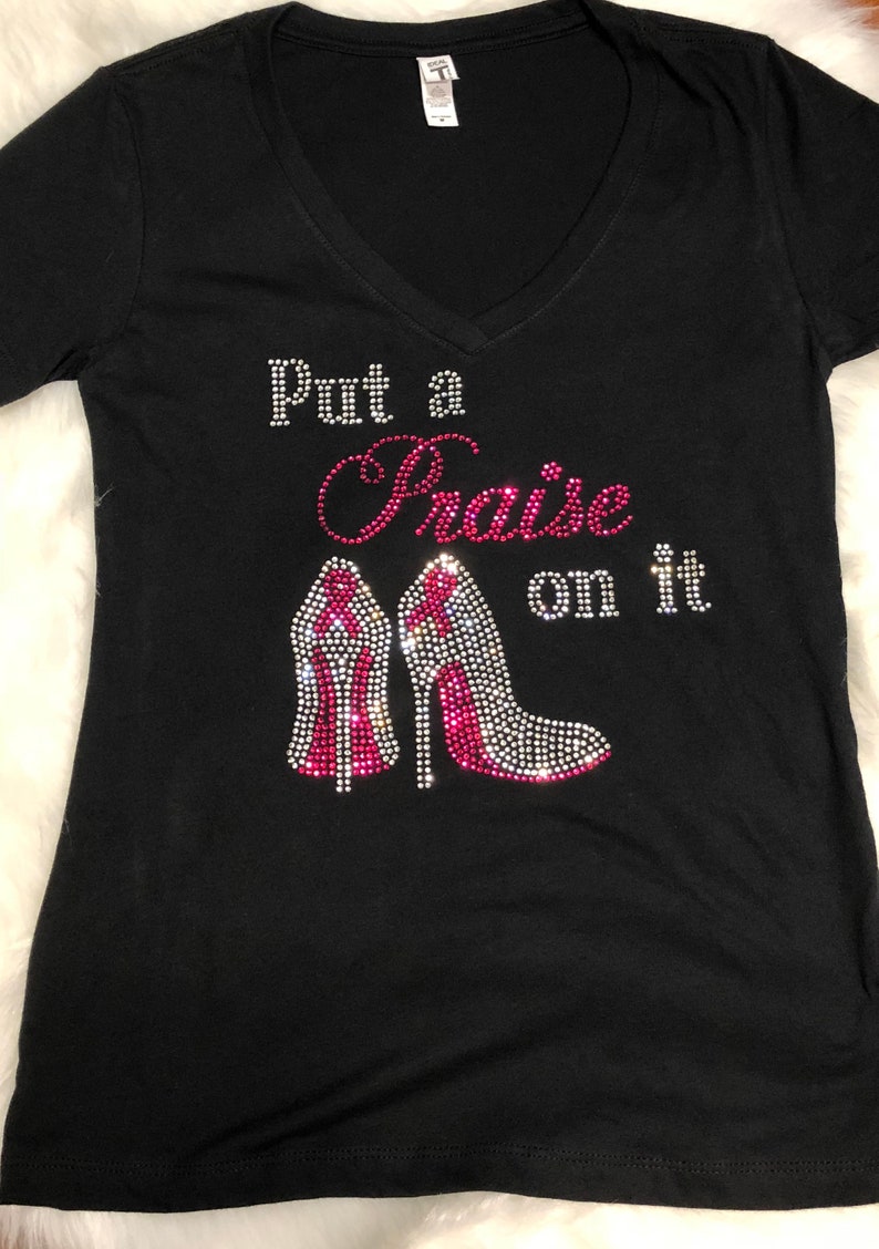 BLACK SIZE S,M,L,XL, RHINESTONE PUT A PRAISE ON IT CANCER LONG SLEEVE T-SHIRT