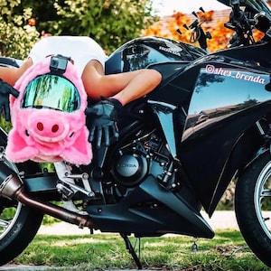 May include: A black Honda motorcycle with a pink plush pig helmet cover featuring a green reflective visor and a mounted action camera. The motorcycle displays the text shes_brenda on the side fairing, and the rider wears black gloves.