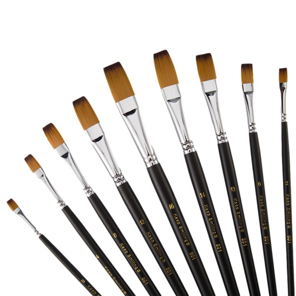 9 Pcs Flat Long Handle Artist Paint Brush Set, Quality Synthetic Hair and Wooden Handle for Acrylic Watercolor Oil Painting