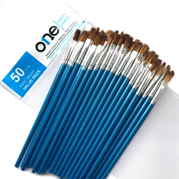 50 Pcs Value Pack of Flat Paint Brush, Synthetic Sable Soft Hair for Acrylic, Oil, Watercolor, Precise Makeup, Dry Brushing, Blending