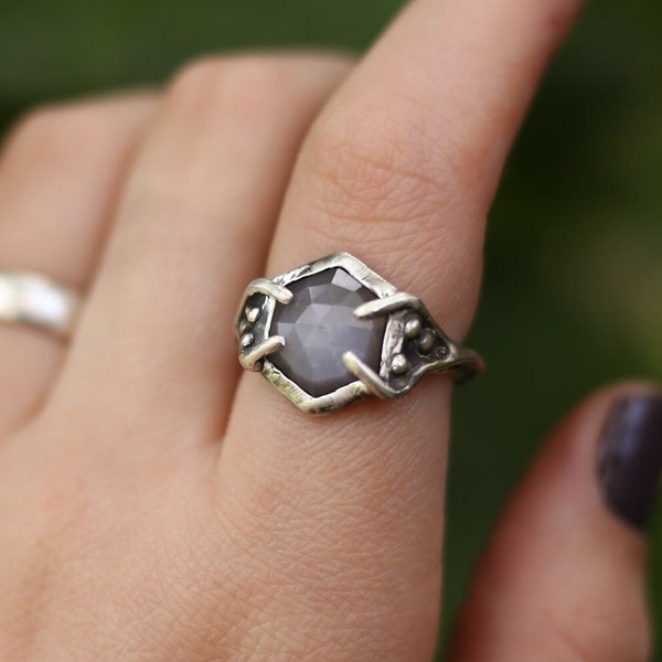 Glynis | Sterling Silver and Grey Moonstone Ring | MADE TO ORDER | Fantasy, Witchy, Gothic Jewelry