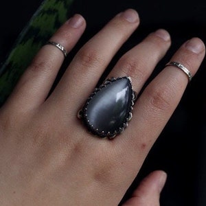 Elwyn | Ornate Sterling Silver and Gray Moonstone Ring | Gothic, Medieval, Witchy Jewelry