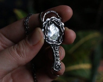 In the Eyes of the Beholder | Miniature Sterling Silver Hand Mirror Drop/Lariat Necklace MADE TO ORDER | Gothic, Victorian, Witchy Jewelry