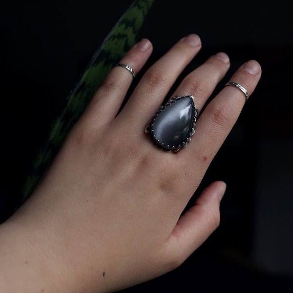 Elwyn | Ornate Sterling Silver and Gray Moonstone Ring | Gothic, Medieval, Witchy Jewelry